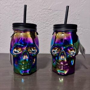 Iridescent Skull Mason Jar Cups with Straws